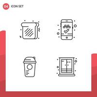 Group of 4 Filledline Flat Colors Signs and Symbols for toast sports book cab bottle cupboard Editable Vector Design Elements