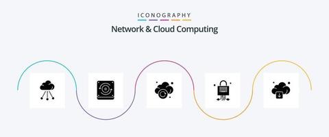 paquete de iconos de glifo 5 de red y computación en la nube que incluye descarga. nube. actualizar. tecnología. bloqueado vector