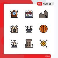 Pack of 9 Modern Filledline Flat Colors Signs and Symbols for Web Print Media such as networking abilities factory settings estate Editable Vector Design Elements