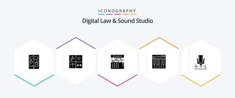 paquete de iconos de 25 glifos de estudio de derecho y sonido digital que incluye teclado. controlador. ingeniería. sonido. dispositivo vector