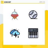 4 User Interface Filledline Flat Color Pack of modern Signs and Symbols of space ship cloud rocket baseball thunder Editable Vector Design Elements