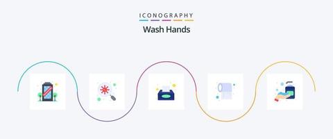 Wash Hands Flat 5 Icon Pack Including hand. care. box. tissue. paper vector