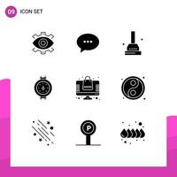 Editable Vector Line Pack of 9 Simple Solid Glyphs of bag meter conversation gauge plunger Editable Vector Design Elements