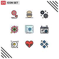 Mobile Interface Filledline Flat Color Set of 9 Pictograms of web scan gear setting holographic rangoli Editable Vector Design Elements