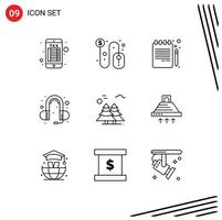 Editable Vector Line Pack of 9 Simple Outlines of pine trees arctic book pencil alpine head phone Editable Vector Design Elements