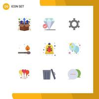 Mobile Interface Flat Color Set of 9 Pictograms of notification alarm cog bug fire Editable Vector Design Elements