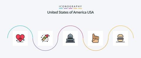 paquete de iconos de 5 planos llenos de línea de EE. UU. que incluye comer. americano. edificio. EE.UU. mano de espuma vector