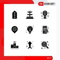 Group of 9 Modern Solid Glyphs Set for green map bulb location gear Editable Vector Design Elements