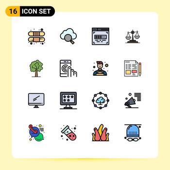 conjunto moderno de 16 líneas rellenas de color plano pictograma de escalas codificador legal ley juez elementos de diseño de vectores creativos editables