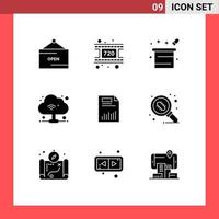Set of 9 Vector Solid Glyphs on Grid for chart document magic hat wifi cloud Editable Vector Design Elements