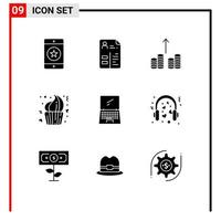 Pictogram Set of 9 Simple Solid Glyphs of computer day portfolio cup bakery Editable Vector Design Elements