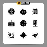 9 Thematic Vector Solid Glyphs and Editable Symbols of board donut diary wifi panel Editable Vector Design Elements