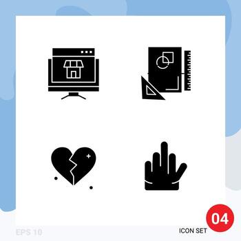 Pack of 4 Modern Solid Glyphs Signs and Symbols for Web Print Media such as computer sketching online layout love Editable Vector Design Elements