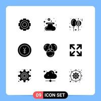 User Interface Pack of 9 Basic Solid Glyphs of color yen balloon money currency Editable Vector Design Elements