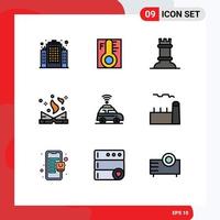 Mobile Interface Filledline Flat Color Set of 9 Pictograms of map car chess spell book literature Editable Vector Design Elements