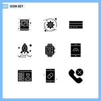 Set of 9 Vector Solid Glyphs on Grid for handwatch launch business business interface Editable Vector Design Elements