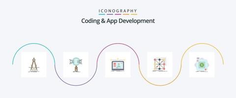 paquete de iconos flat 5 de codificación y desarrollo de aplicaciones que incluye la aplicación. datos. investigación. diseño. usuario vector