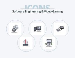 ingeniería de software y línea de videojuegos llenos de iconos paquete 5 diseño de iconos. juego de azar. consola. ordenador personal. ciencia. desarrollador vector