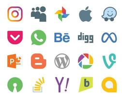 Paquete de 20 íconos de redes sociales que incluye fuente abierta picasa digg cms blogger vector