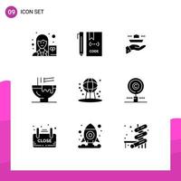 Pack of 9 creative Solid Glyphs of food drink file bowl lunch Editable Vector Design Elements