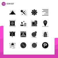 16 Thematic Vector Solid Glyphs and Editable Symbols of photographic lenses camera lenses cog text align Editable Vector Design Elements