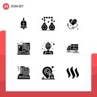 Editable Vector Line Pack of 9 Simple Solid Glyphs of man carpenter sewing heart web web Editable Vector Design Elements