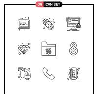 User Interface Pack of 9 Basic Outlines of space folder lock atom premium Editable Vector Design Elements