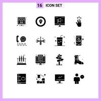 Mobile Interface Solid Glyph Set of 16 Pictograms of call three finger ad mobile gestures Editable Vector Design Elements