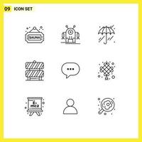 Mobile Interface Outline Set of 9 Pictograms of message chat umbrella working area caution Editable Vector Design Elements