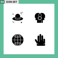 Group of 4 Modern Solid Glyphs Set for hat world brain setting four Editable Vector Design Elements