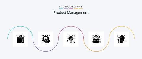 paquete de iconos de glifo 5 de gestión de productos que incluye el paquete. engranaje. producto. caja. innovación vector