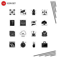 conjunto moderno de 16 glifos y símbolos sólidos, como elementos de diseño de vectores editables de alimentos de equilibrio de nivel