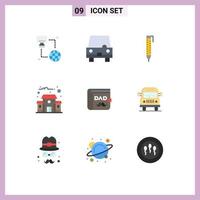 Mobile Interface Flat Color Set of 9 Pictograms of father wallet vehicles school building Editable Vector Design Elements