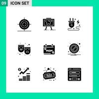 Pack of 9 Modern Solid Glyphs Signs and Symbols for Web Print Media such as calendar theater picture roles nature Editable Vector Design Elements