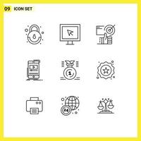 Editable Vector Line Pack of 9 Simple Outlines of award video achieved player media Editable Vector Design Elements