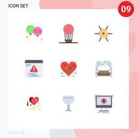paquete de 9 signos y símbolos de colores planos modernos para medios de impresión web, como elementos de diseño de vectores editables de error ecológico de la red del corazón de la naturaleza