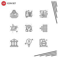 Group of 9 Modern Outlines Set for headphone chat data bubble planet Editable Vector Design Elements