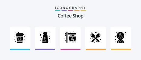 paquete de iconos de glifo 5 de cafetería que incluye taza. utensilios etiqueta. cuchara. tenedor. diseño de iconos creativos vector