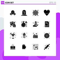 Mobile Interface Solid Glyph Set of 16 Pictograms of bag lab heart heart beat Editable Vector Design Elements