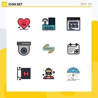 Group of 9 Filledline Flat Colors Signs and Symbols for knife dome radio camera website Editable Vector Design Elements