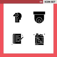 Solid Glyph Pack of 4 Universal Symbols of activity hobby head security camera note book Editable Vector Design Elements