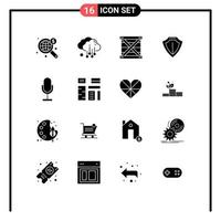 Pack of 16 Modern Solid Glyphs Signs and Symbols for Web Print Media such as broadcast protect coding locked sheild Editable Vector Design Elements