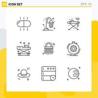 Mobile Interface Outline Set of 9 Pictograms of lock earth iron stretcher medical Editable Vector Design Elements