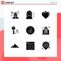 Set of 9 Commercial Solid Glyphs pack for multimedia media healthcare unlock security Editable Vector Design Elements