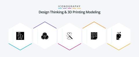 pensamiento de diseño y modelado de impresión d paquete de iconos de 25 glifos que incluye educación. más. trucos. documento. ventajas vector