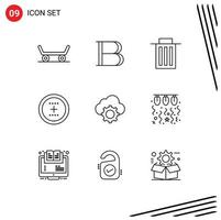 Pack of 9 Modern Outlines Signs and Symbols for Web Print Media such as computing cloud trash round interface Editable Vector Design Elements