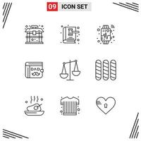 Set of 9 Vector Outlines on Grid for balance father law book dad heart beat Editable Vector Design Elements