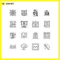 paquete de iconos de vector de stock de 16 signos y símbolos de línea para elementos de diseño de vector editables de mecanismo de rascacielos de notificación de arquitectura empresarial