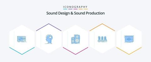 diseño de sonido y producción de sonido paquete de 25 íconos azules que incluye lámpara. amplificador. productor. estudio. monitor vector