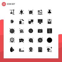 Mobile Interface Solid Glyph Set of 25 Pictograms of pin location gavel business lamp Editable Vector Design Elements